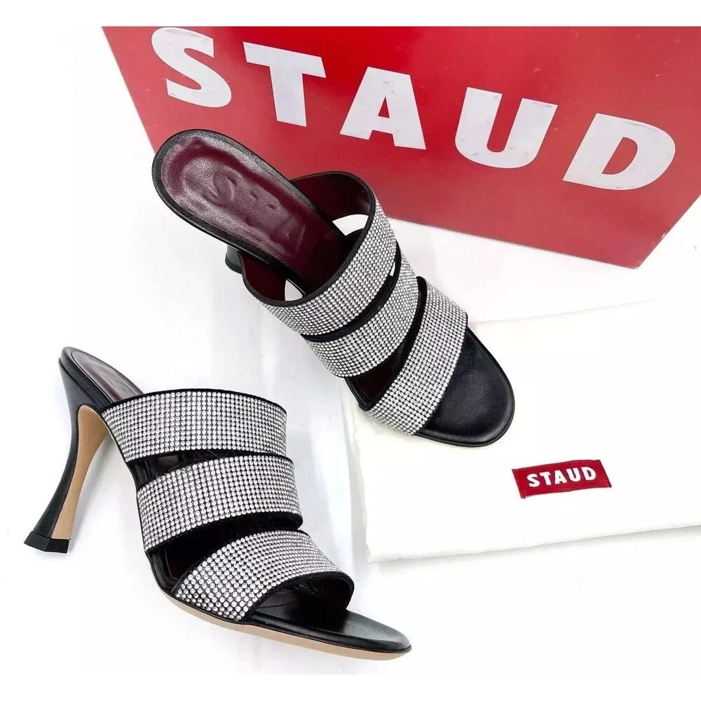 Staud Sonny Rhinestone Sandals Black Multi Strap Slides Heels Sz 36 / 6US